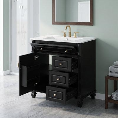 Meuble-lavabo autoportant standard en bois massif et panneau de fibres à densité moyenne de 30 po, noir, comptoir en céramique, tiroir escamotable, 3 tiroirs et armoire de rangement