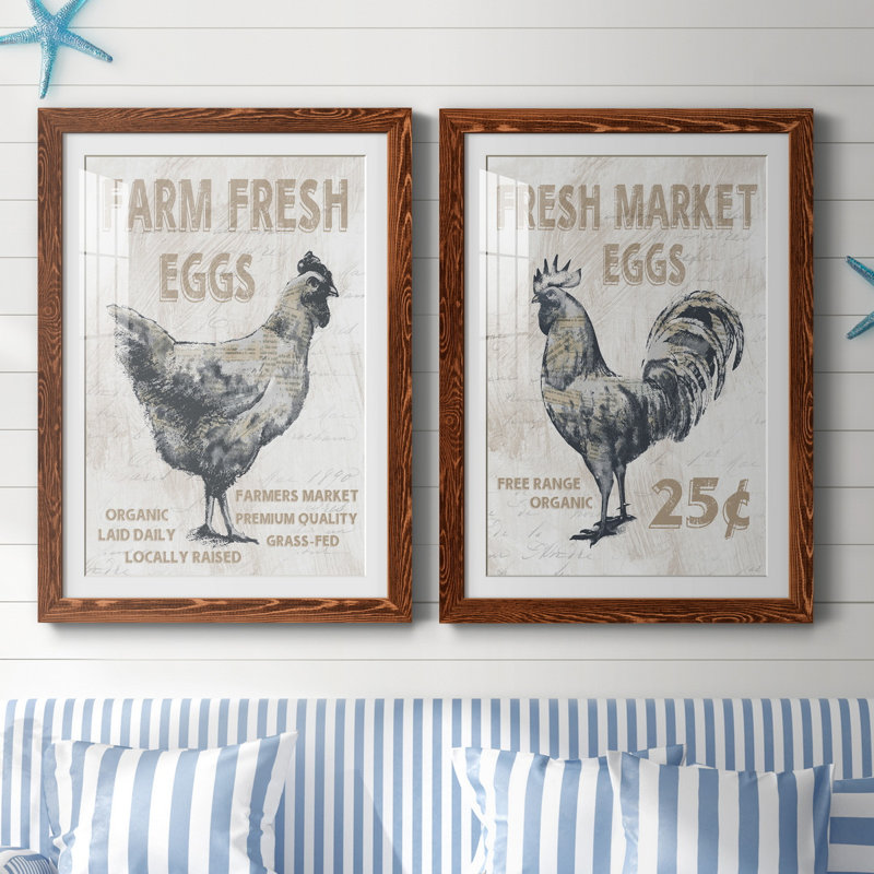 Farm Fresh Chicken - ensemble de 2 reproductions, Blanc, H 31,5 po x l 47 po x P 1,5 po, Papier avec cadre érable