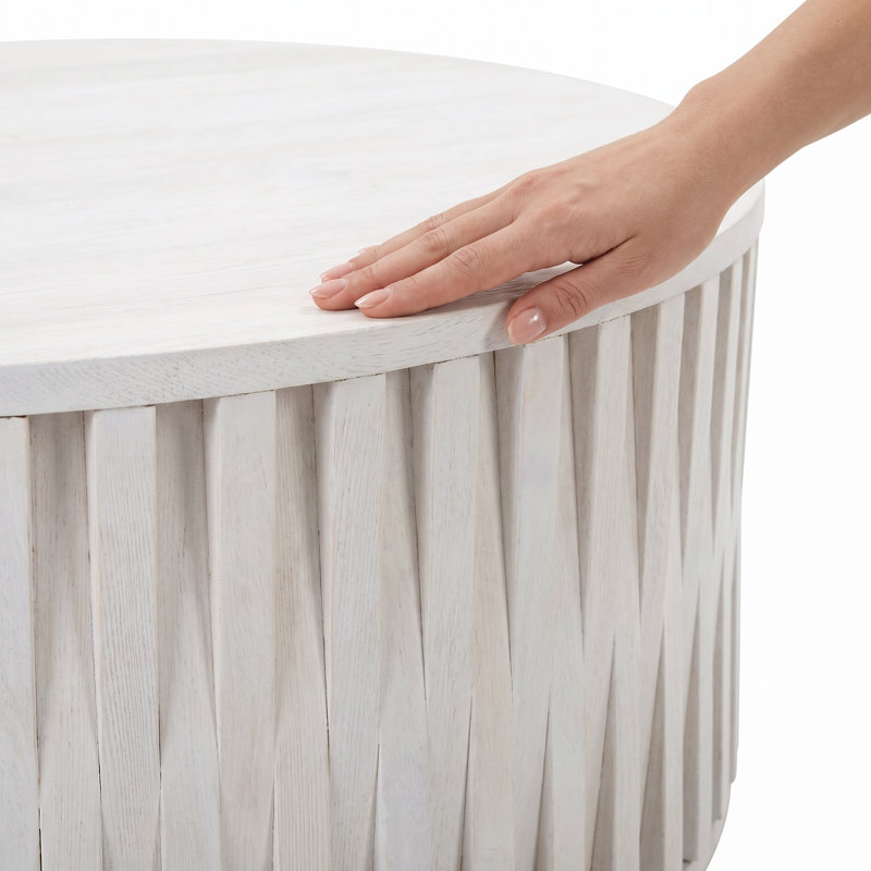 Table basse ronde élégante en bois de manguier de 30 po avec motif de lattes tissées à la main, H 18 po x L 30 po x l 30 po