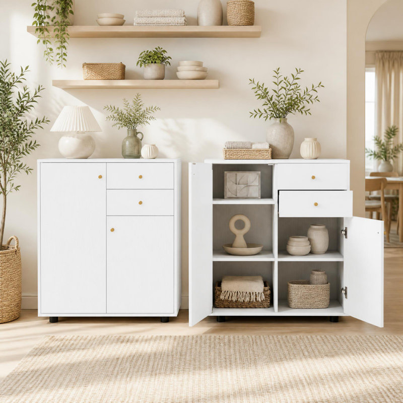 Buffet moderne avec 2 tiroirs, 2 portes et 3 tablettes ajustables, idéal pour un coin café dans la salle à manger ou l'entrée.