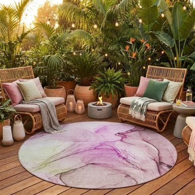 8' Round Pink Round Abstract Washable Non Skid Indoor Outdoor Area Rug