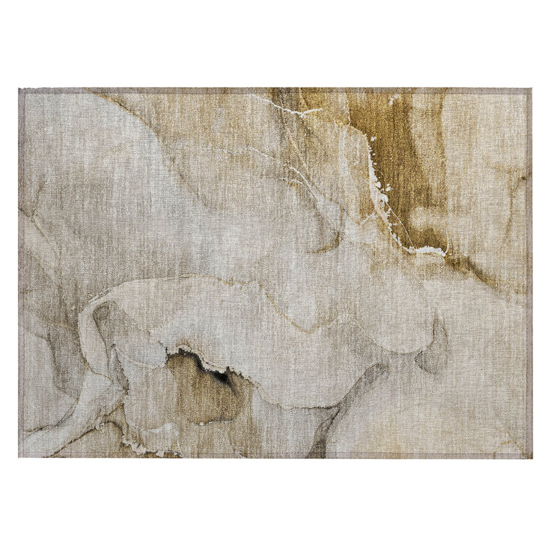 2' X 3' Beige and Brown Abstract Washable Indoor Outdoor Area Rug