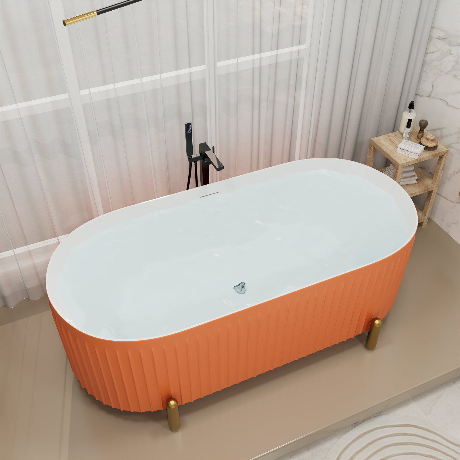 Colour 67" Fluted Freestanding Soaking Bathtub, Orange