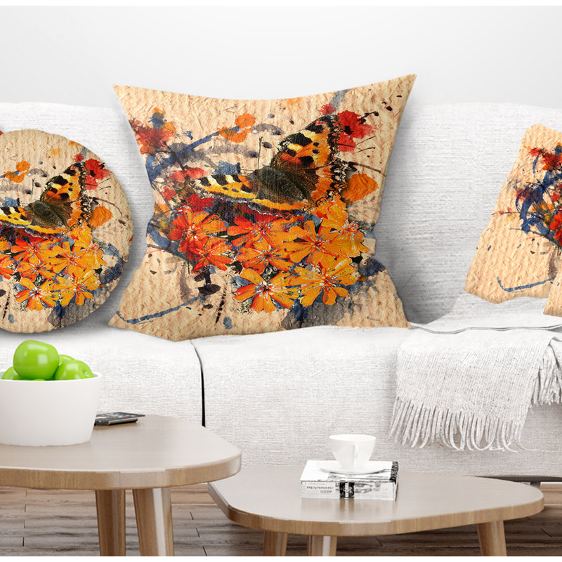 Papillon et art abstrait sur papier - coussin à imprimé floral, 16 po x 1 po, Coussin décoratif