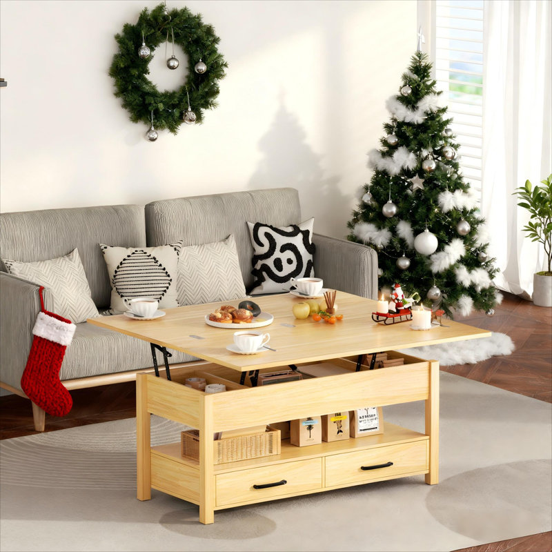 Modern 3-in-1 Lift Top Coffee Table, Extendable Center Table for Gatherings & Work, Oak Wood