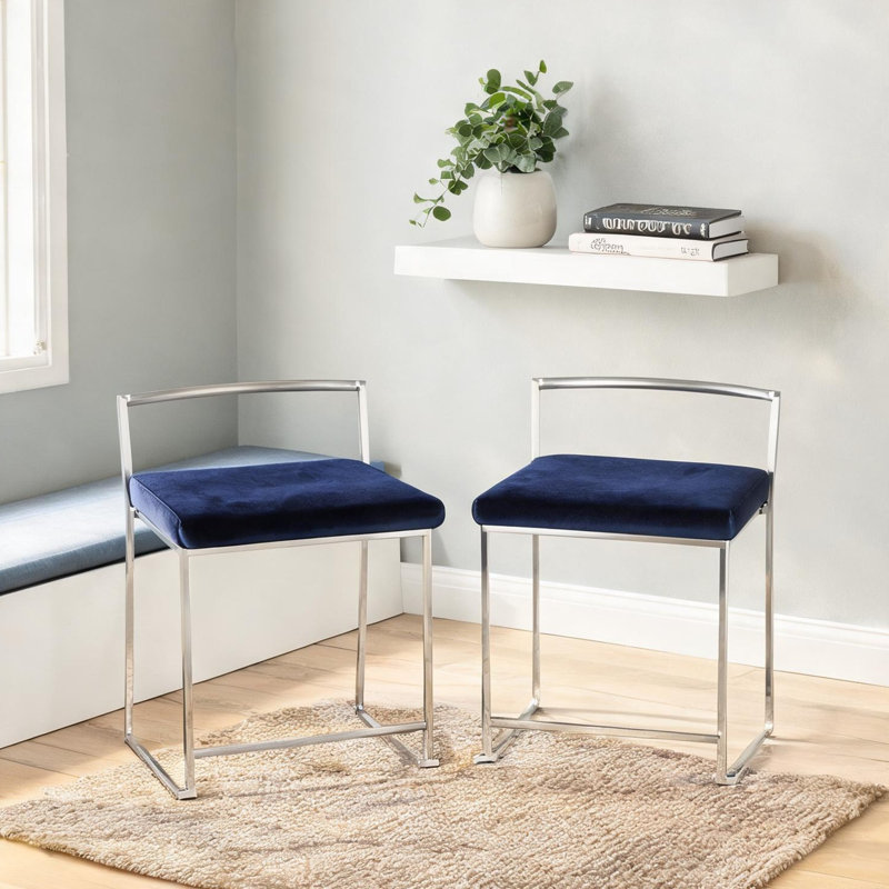 Ensemble de 2 chaises d'appoint empilables pour la salle à manger, revêtement en velours bleu foncé, dossier bas, structure en métal