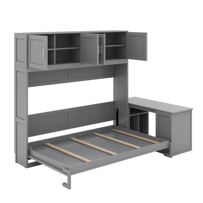 Grand lit escamotable avec bureau et tablettes, Gris