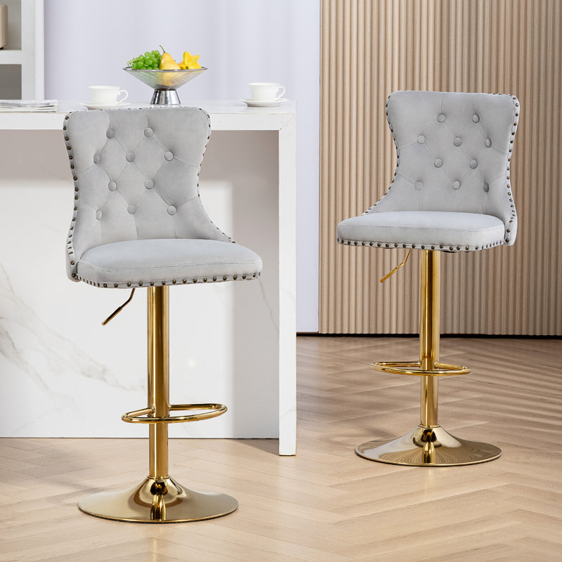 Swivel Adjustable Height Bar Stools With Metal Footrest Set Of 2, Grey//Gold