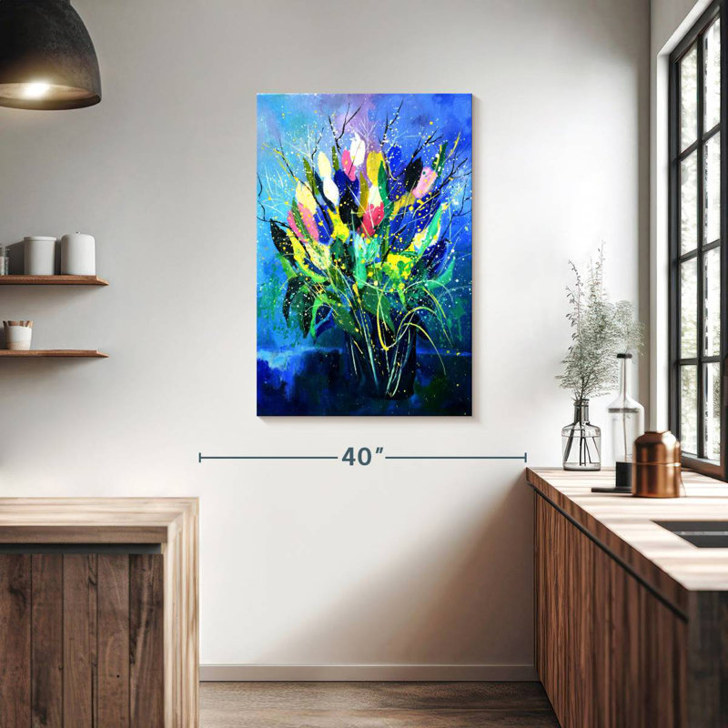 Avery tulipes sur fond bleu, H 39 po x l 26 po