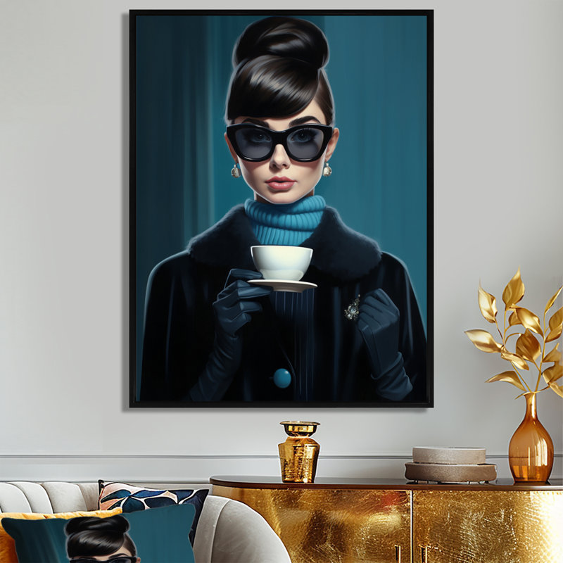 Élégante dame avec une tasse de thé - femme, art mural, Toile noire avec cadre flottant, H 20 po x l 12 po