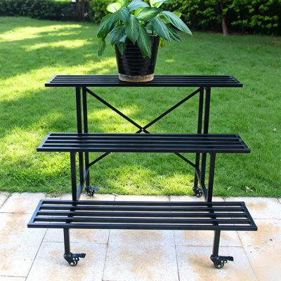 Support pour plante mobile en métal à 3 niveaux avec roues, capacité de charge de 660 lb, support pour plante d'intérieur et d'extérieur pour terrasse et maison, L 35,43 po x l 26 po x H 26 po
