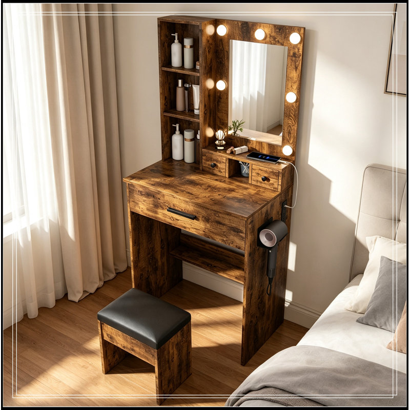 Table de coiffeuse avec miroir, lumières DEL réglables, prise de courant, support pour sèche-cheveux et tabouret, Brown