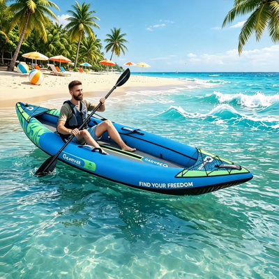 1 Person Inflatable Kayak, Full Drop Stitch Tandem Inflatable Kayak with Paddle, Pump, Seats & Carry Bag, 450LBS Capacity Portable Inflatable Boat for Lake, River, Fishing & Recreational Paddling.