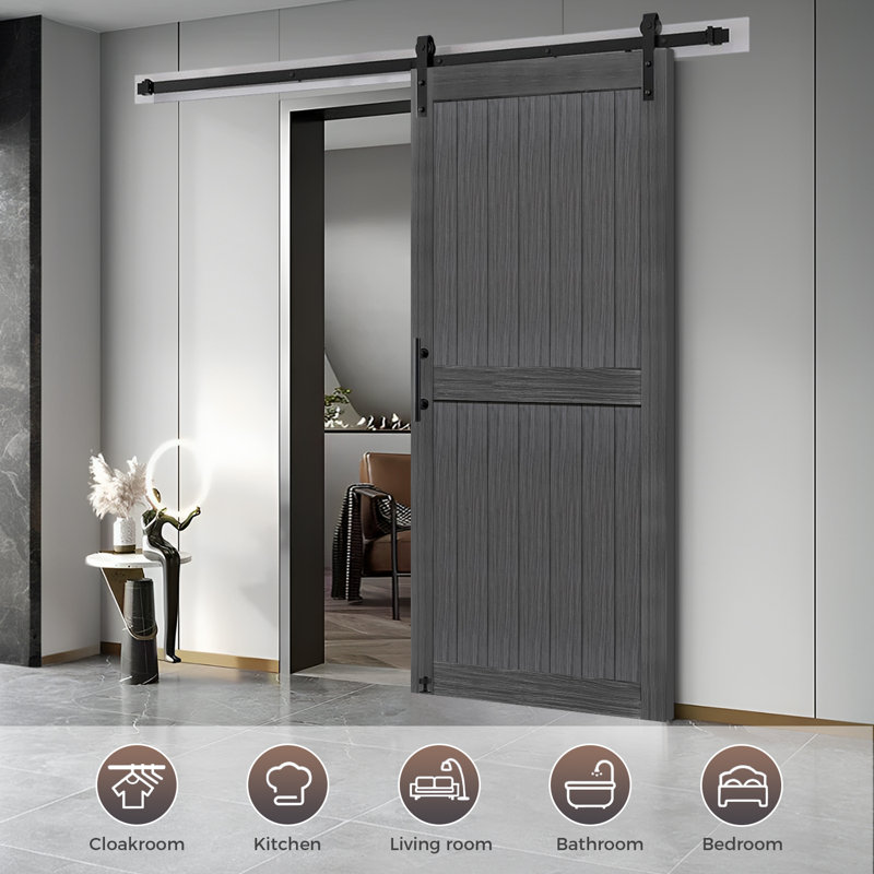 MDF Barn Door with Sliding Door Hardware Kit,Covered with Water-Proof PVC Surface, 36" x 84", Deep Gray