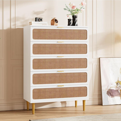 5-Drawer Rattan Dresser, Modern Wooden Chest with Deep Storage Drawers for Bedroom, Living Room or Hallway – White