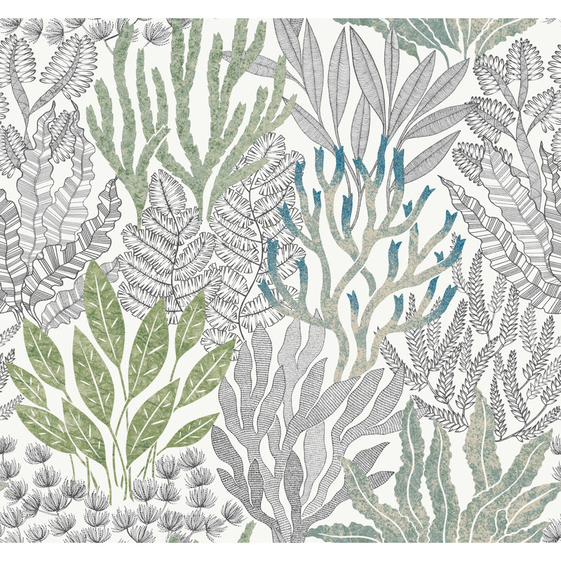 Coral Leaves Wallpaper Roll, Blue & Green