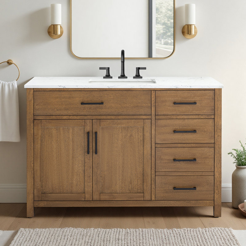 Meuble-lavabo simple 42 po avec plateau en marbre d'ingénierie Shamar, Mangue et braise 