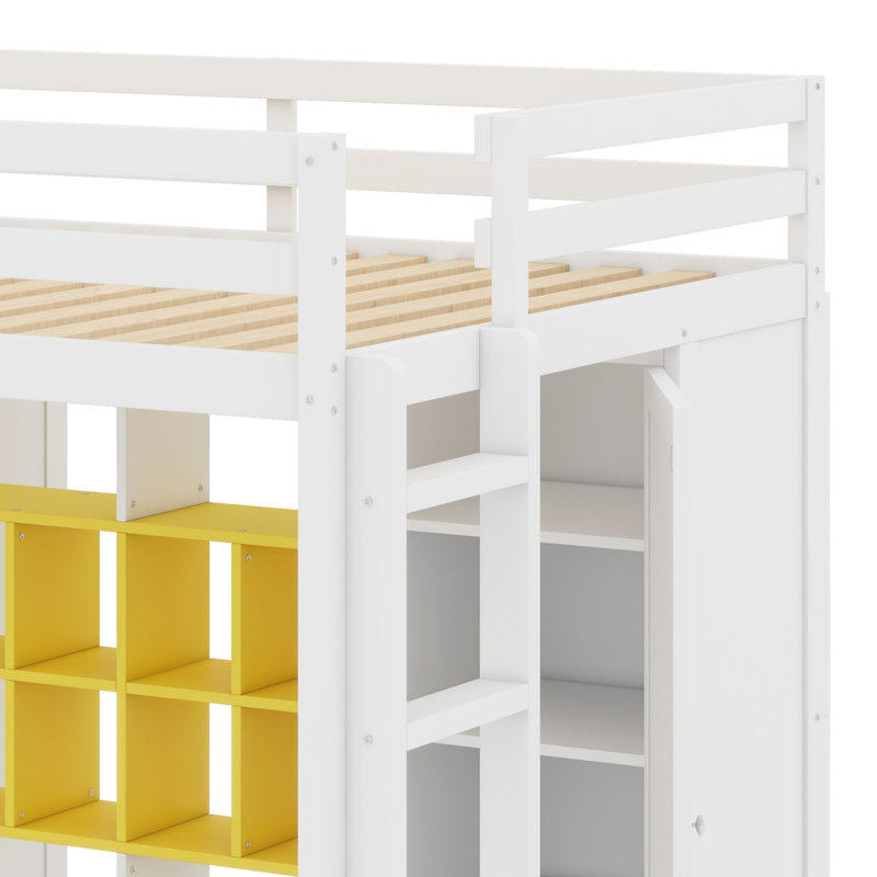 Lit mezzanine en bois avec garde-robe, tablettes et armoire, Blanc / jaune, Double