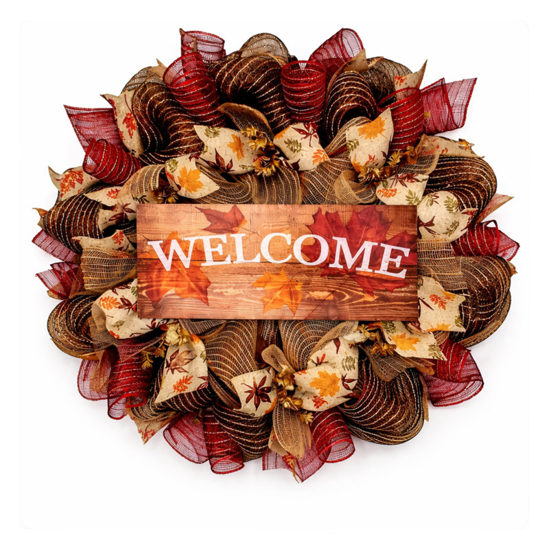 Couronne d'automne avec signe de bienvenue aux feuilles colorées, 24" H x 24" W