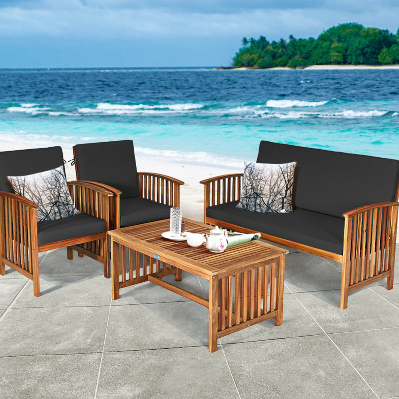 Jonanthan 4pcs Patio Solid Wood Furniture Set Conversation With Coffee Table And Cushion, Black