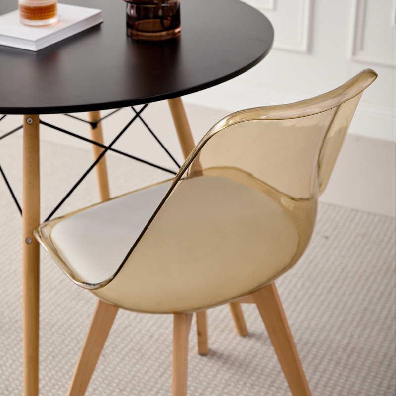 Clear Acrylic Dining Chairs Set Of 4, PU Leather Cushions Solid Beech Legs For Living Room, 4, Brown