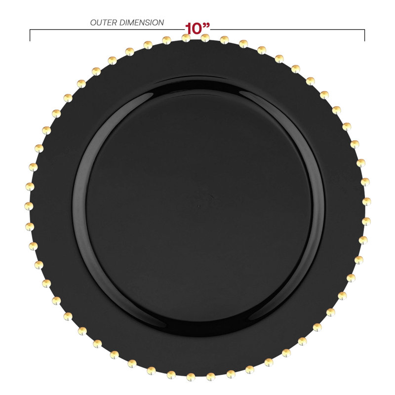 Assiettes plates rondes jetables en plastique noir avec cordon de perles dorées (25 cm) - 120 assiettes