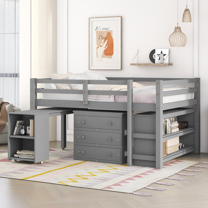 Lit mezzanine double gris avec bureau roulant, armoire de rangement et tablettes, structure en bois massif pour enfants adolescents