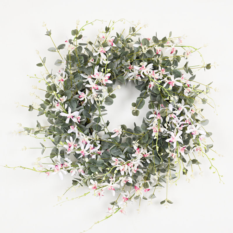 Couronne de porte artificielle 28 po, Blanc / Rose