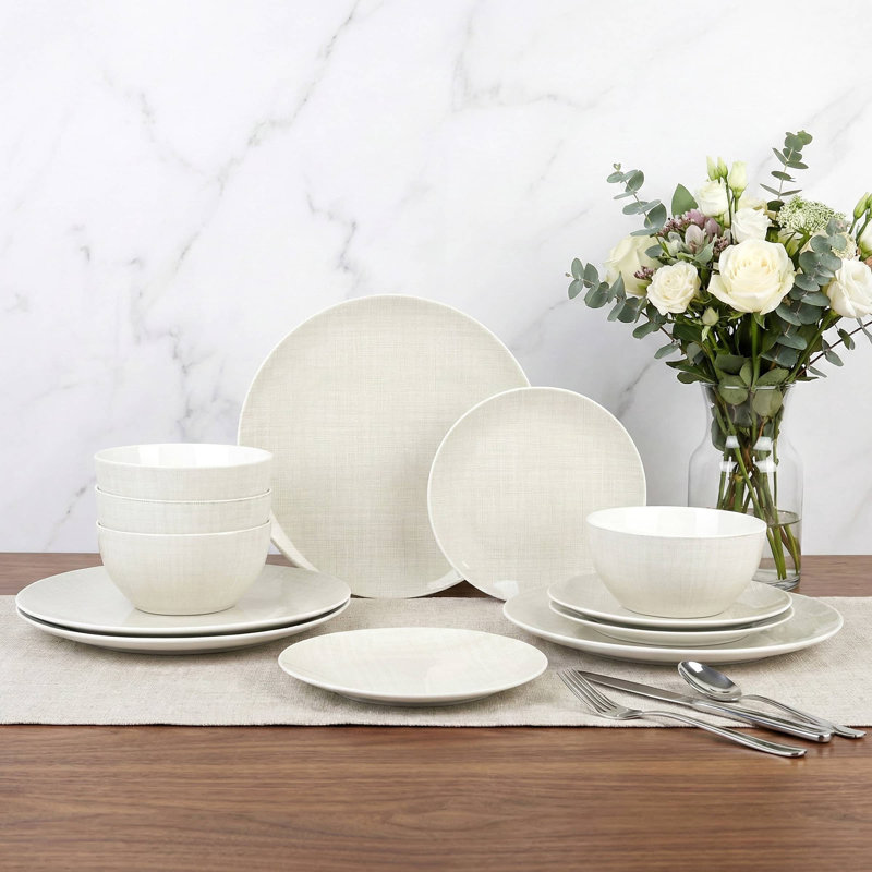 Waterside 12pc Linen Texture Porcelain Pad Print Dinner Set
