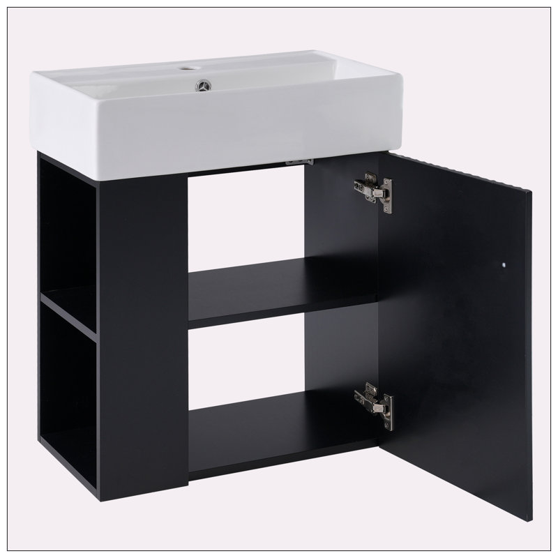 Meuble-lavabo flottant 21,6 po avec lavabo en céramique, rangement à gauche, Noir, noir, noir, noir