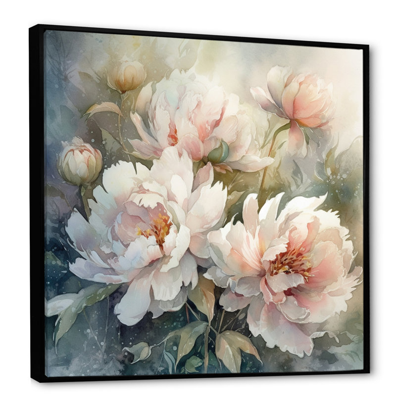 Pivoines roses et vertes sur une branche II - pivoines, art mural, H 24 po x l 24 po x P 1 po, Cadre flottant noir