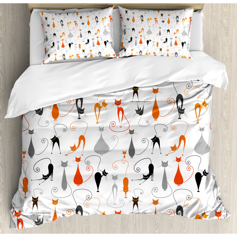Queen White Polyester Duvet Cover Set with Colorful Cats