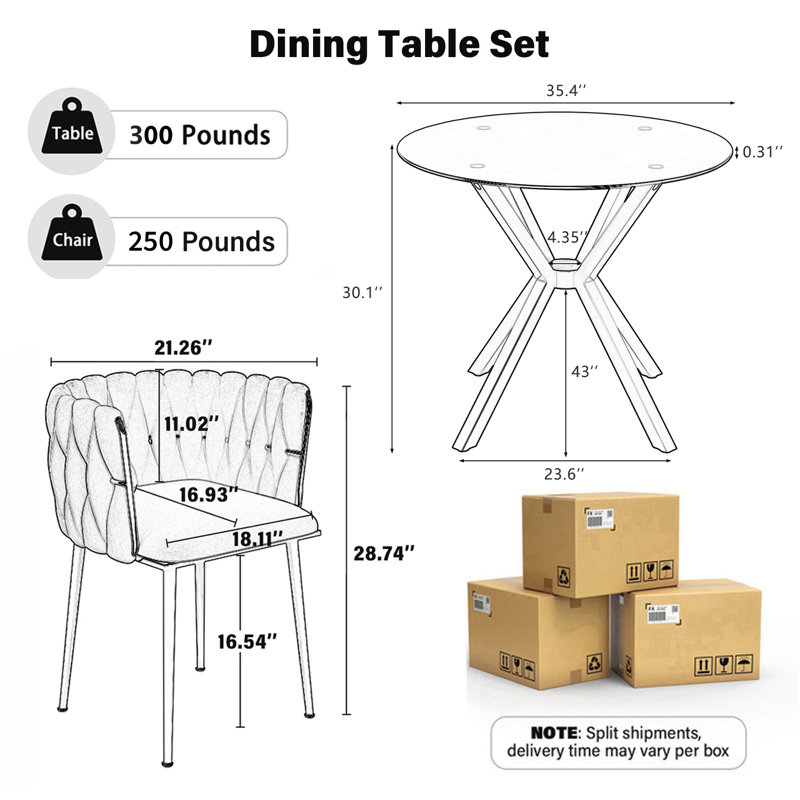 Modern Round Clear Dining Table Set, Tempered Glass Dining Table With Velvet Weavon Dining Chair For Dining Room, Gray/Silver