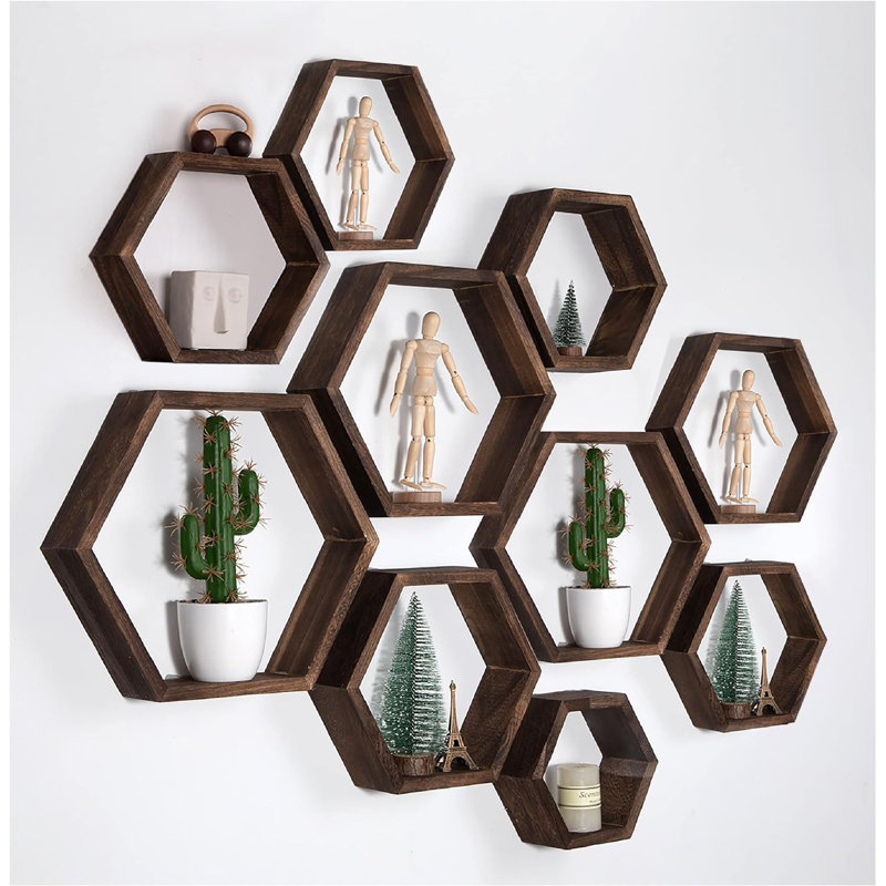 Hexagon Floating Shelves Wall Mounted, Solid Wood Honeycomb Shelves For Bathroom Kitchen Bedroom Living Room, Farmhouse Storage Wall Shelf With Driftwood Finish