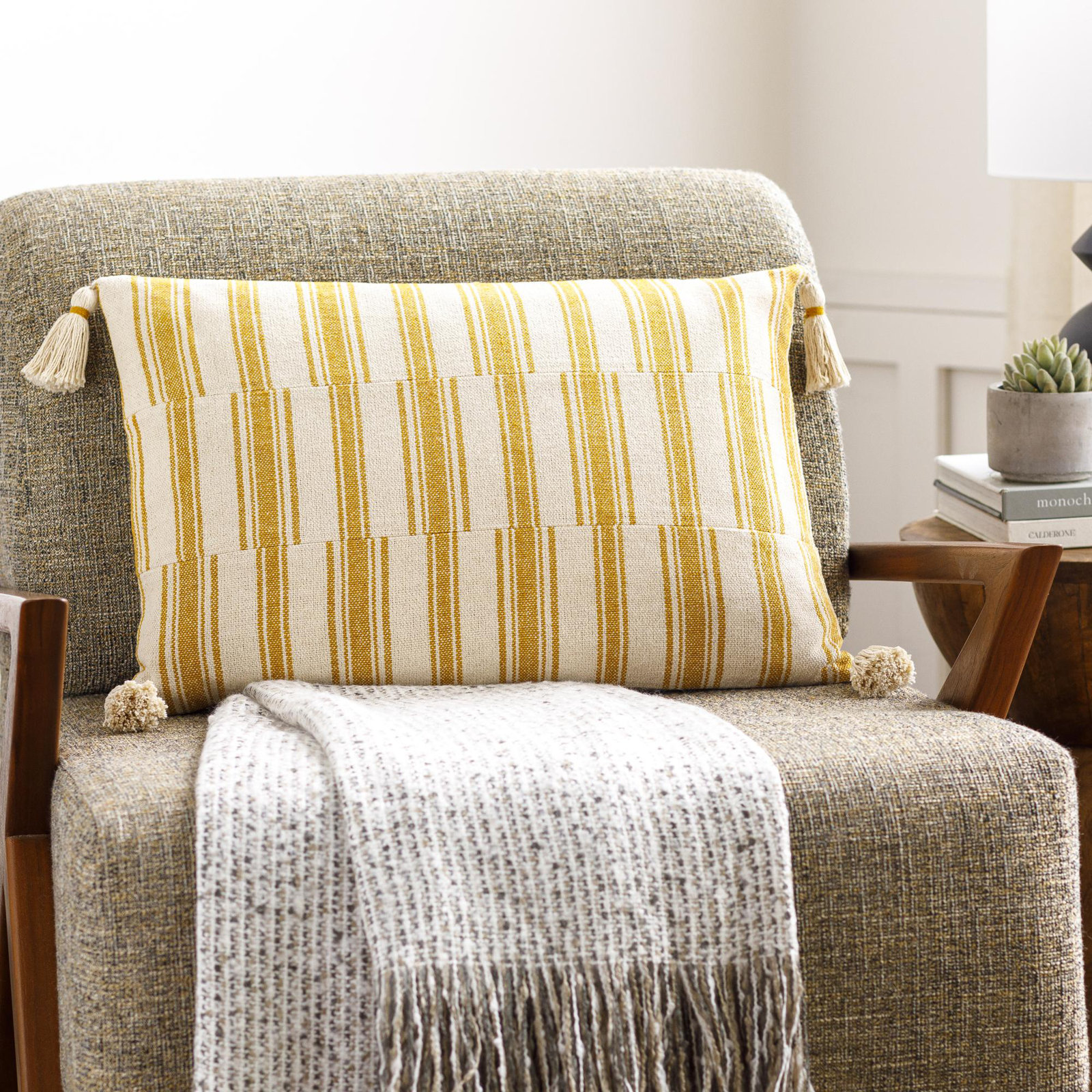 Robbia Tassels Cotton Lumbar Throw Pillow, Polyester/Polyfill
