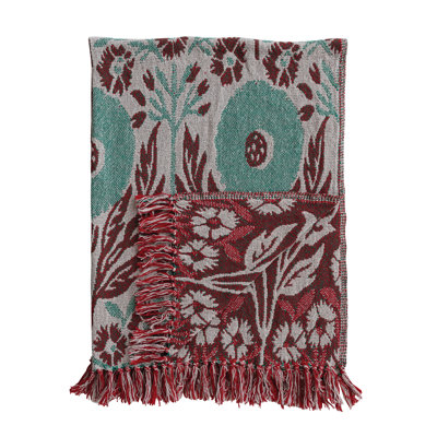 Woven Cotton Blend Jacquard Throw Blanket With Flower Pattern And Fringe