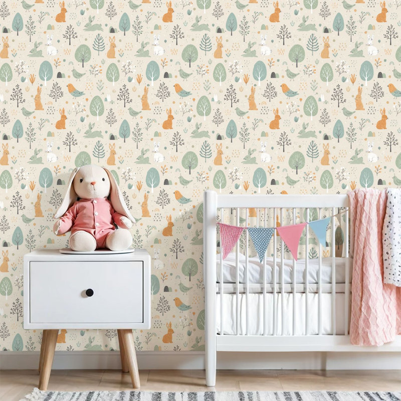 Papier peint auto-adhésif à motif de lapins rigolos, dessinés à la main, pour enfants, en tissu, pour papier peint, autocollant, amovible