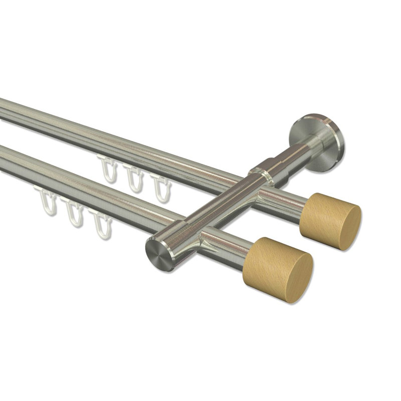 Bryon Curtain Pole Set, 5cm H x 320cm W x 15cm D, Stainless Steel/Beech Varnished