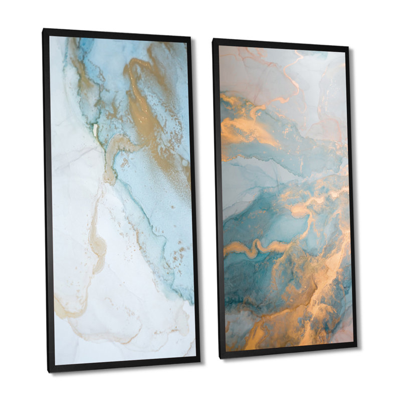«Luxury Turquoise Gold Marbré Flow Art II», ensemble de 2 impressions sur toile, H 40 po x l 40 po x P 1 po, Cadre photo noir