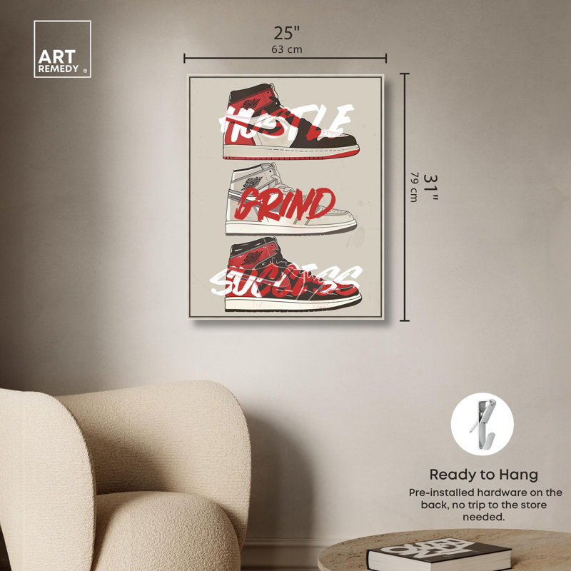 «Hustle Grind Success Sneakers», toile tendance par Art Remedy, Cadre argenté, H 31 po x l 25 po x P 2 po