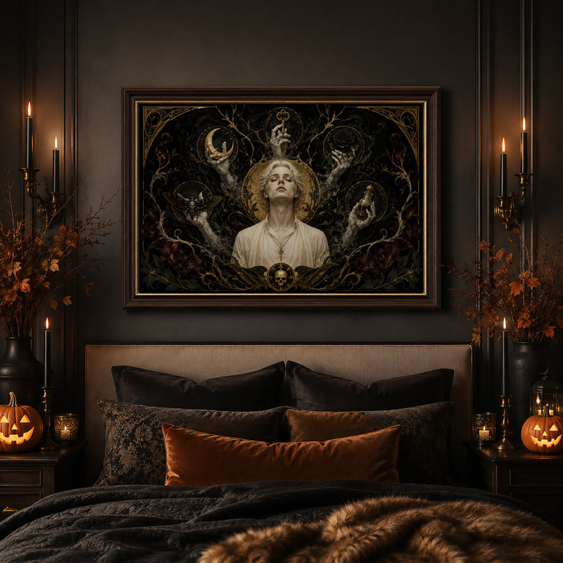 Tableau sur toile d'Halloween représentant un homme blond avec une auréole dorée et des mains flottantes, 12"H x 18"W