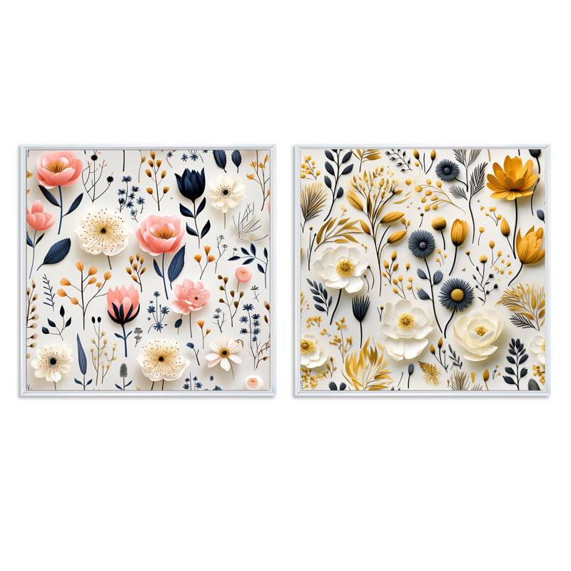 Ambrose - Ensemble de 2 collages carrés botaniques abstraits, Cadre flottant blanc, H 36 po x l 73 po