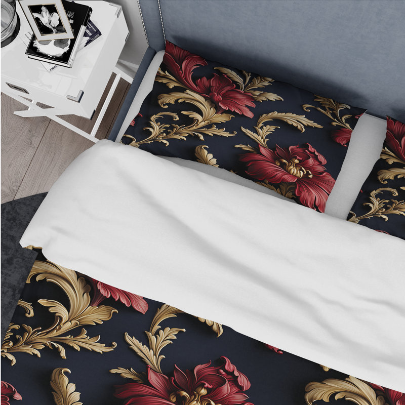 Ensemble de housse de couette Royal Red and Gold Peony Garden Grace, Housse de couette simple + 1 taie décorative stan