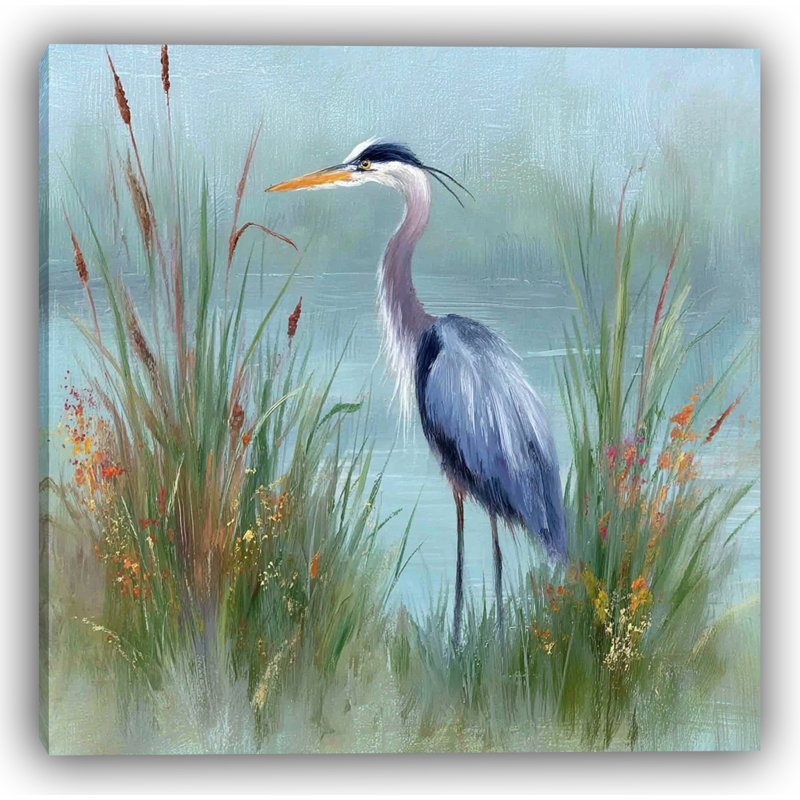 «Blue Heron» par les fleurs de roseaux - art mural sur toile tendue