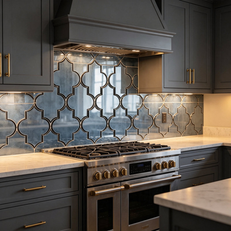 Reflections 4 in. x 5.5 in. Glass Mirror Small Lantern Arabesque Mosaic Decorative Kitchen & Bathroom Wall Tile, Graphite