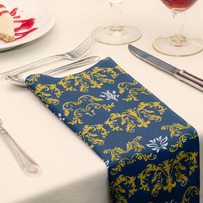 Damask Square Napkin, Gold/Navy Blue/White, Polyester, 22" W x 22" L
