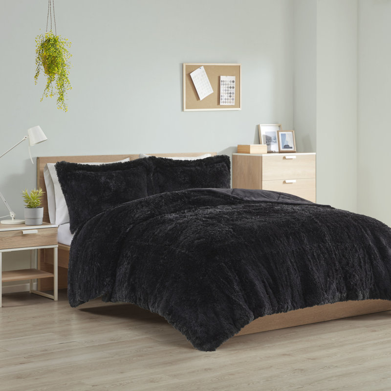 Brielle Shaggy Faux Fur Comforter Set with Faux Mink Reverse, Twin/Twin XL Comforter + 1 Standard Sham, Black