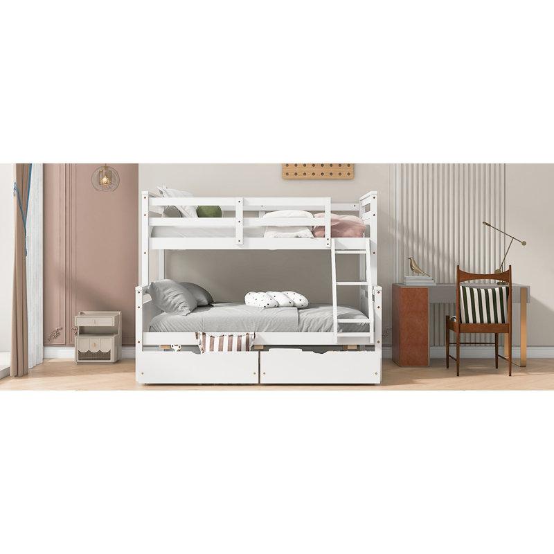 Lit superposé simple au-dessus d'un lit double avec 2 rangements et très grande sécurité, sommeil protégé, White