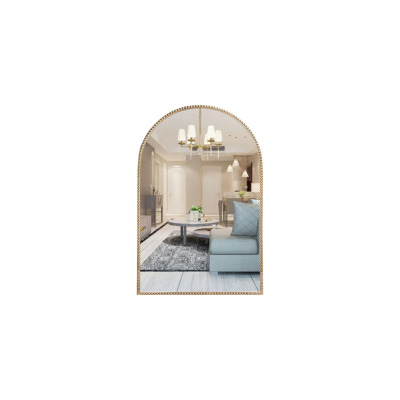 Arched Wall Mirror 24" X 36",Antique Gold Metal Beaded Frame, 36" x 24"