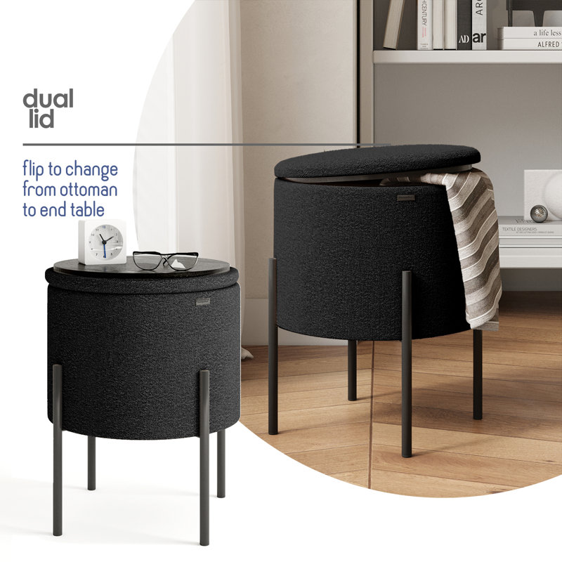 Modern Round Boucle Ottoman With Storage, Black
